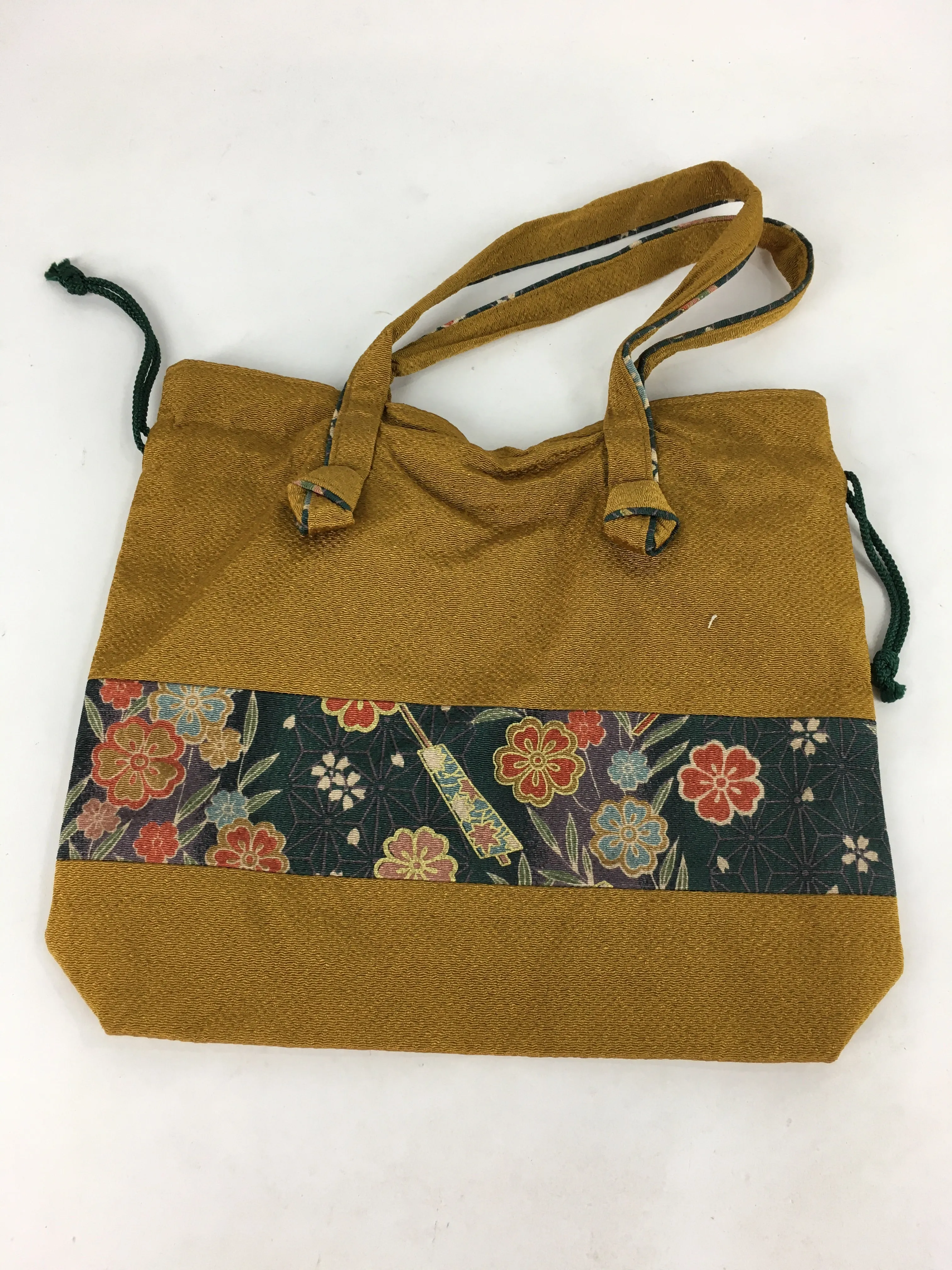 Japanese Fabric Bag Vtg Handle Yellow Flowers Kimono Kinchaku KB54