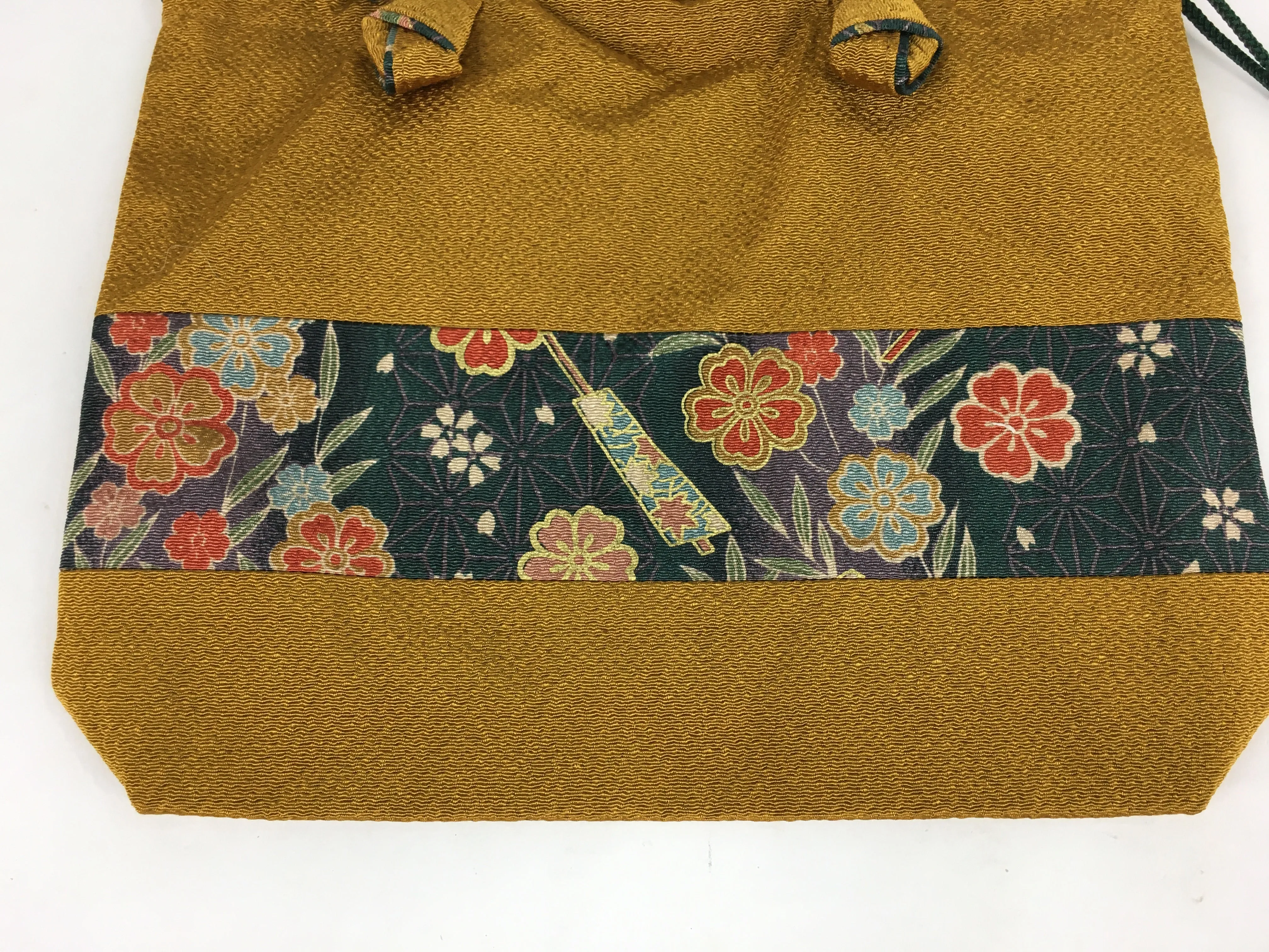 Japanese Fabric Bag Vtg Handle Yellow Flowers Kimono Kinchaku KB54