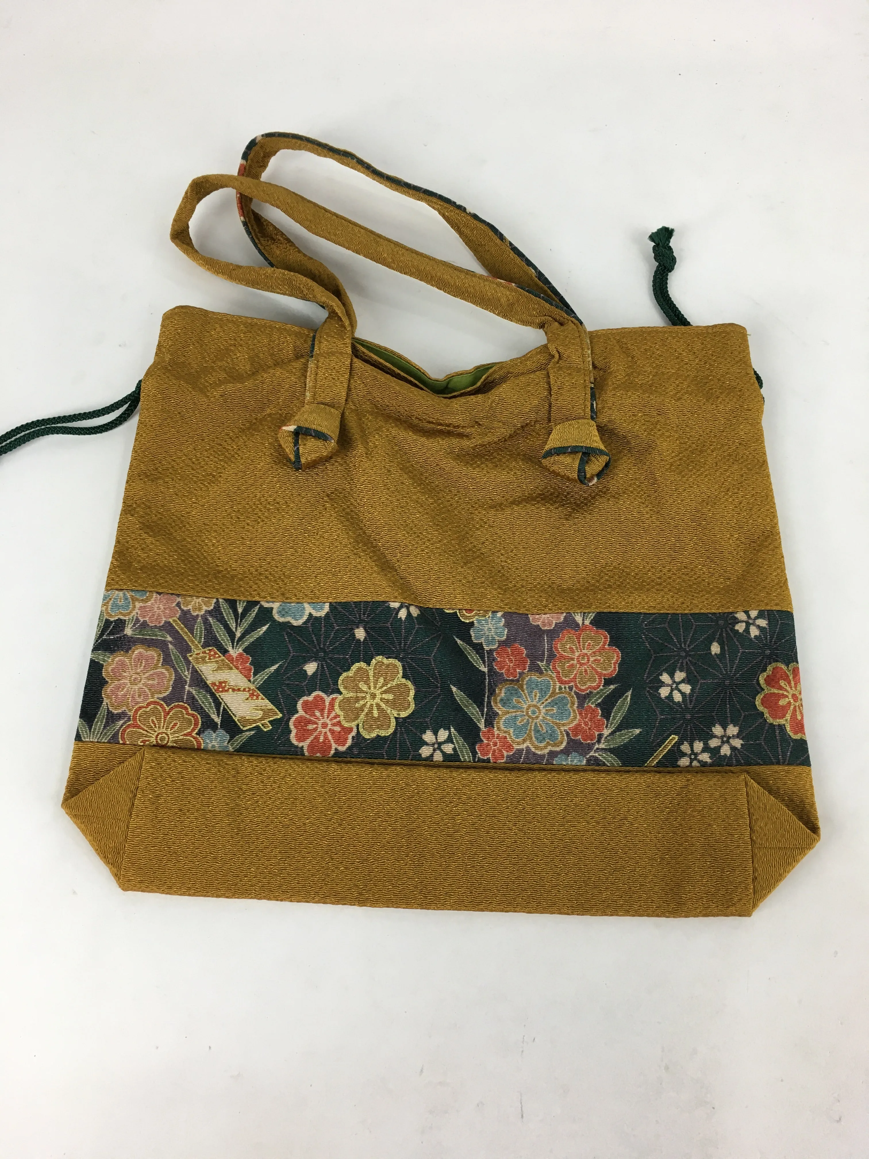 Japanese Fabric Bag Vtg Handle Yellow Flowers Kimono Kinchaku KB54