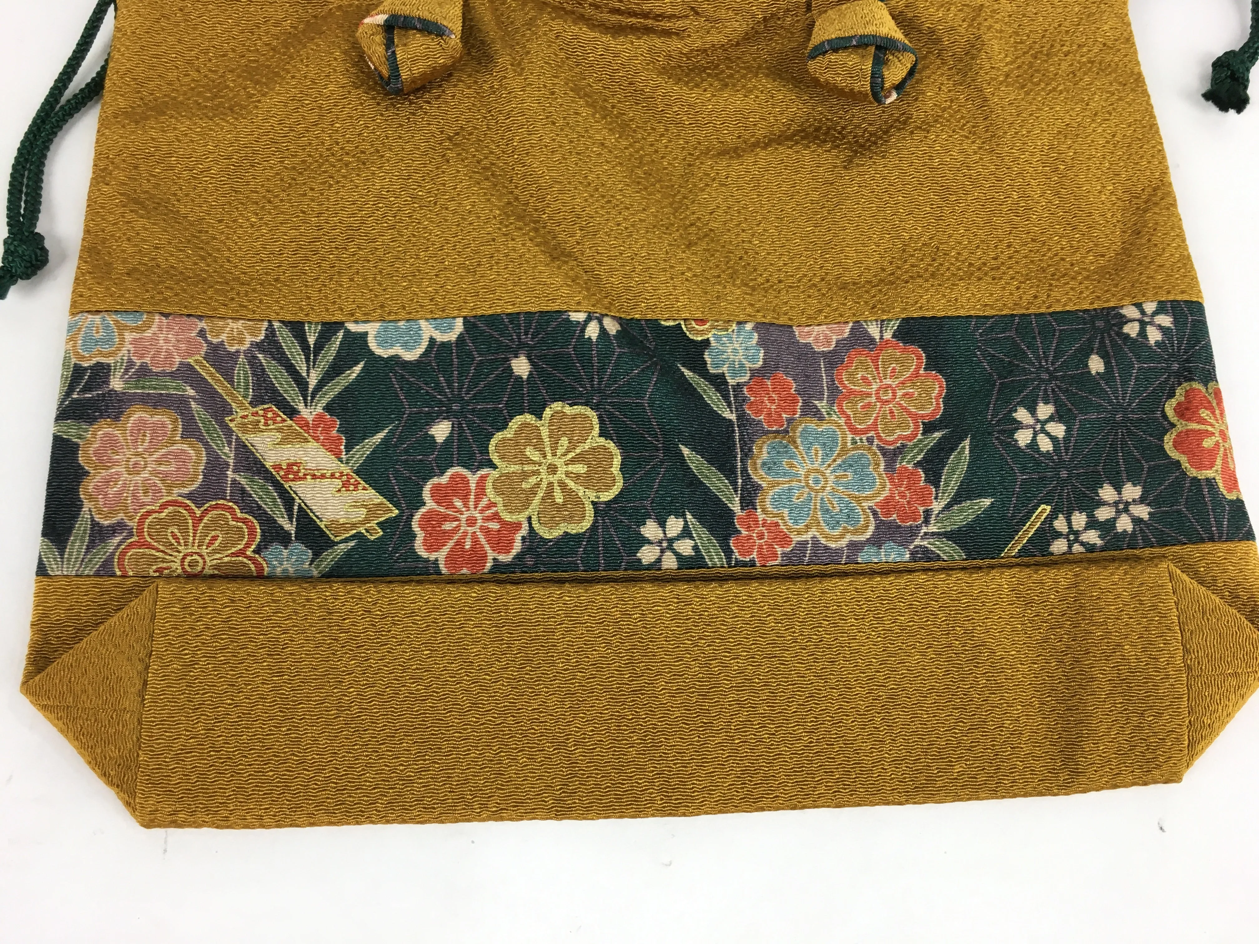Japanese Fabric Bag Vtg Handle Yellow Flowers Kimono Kinchaku KB54