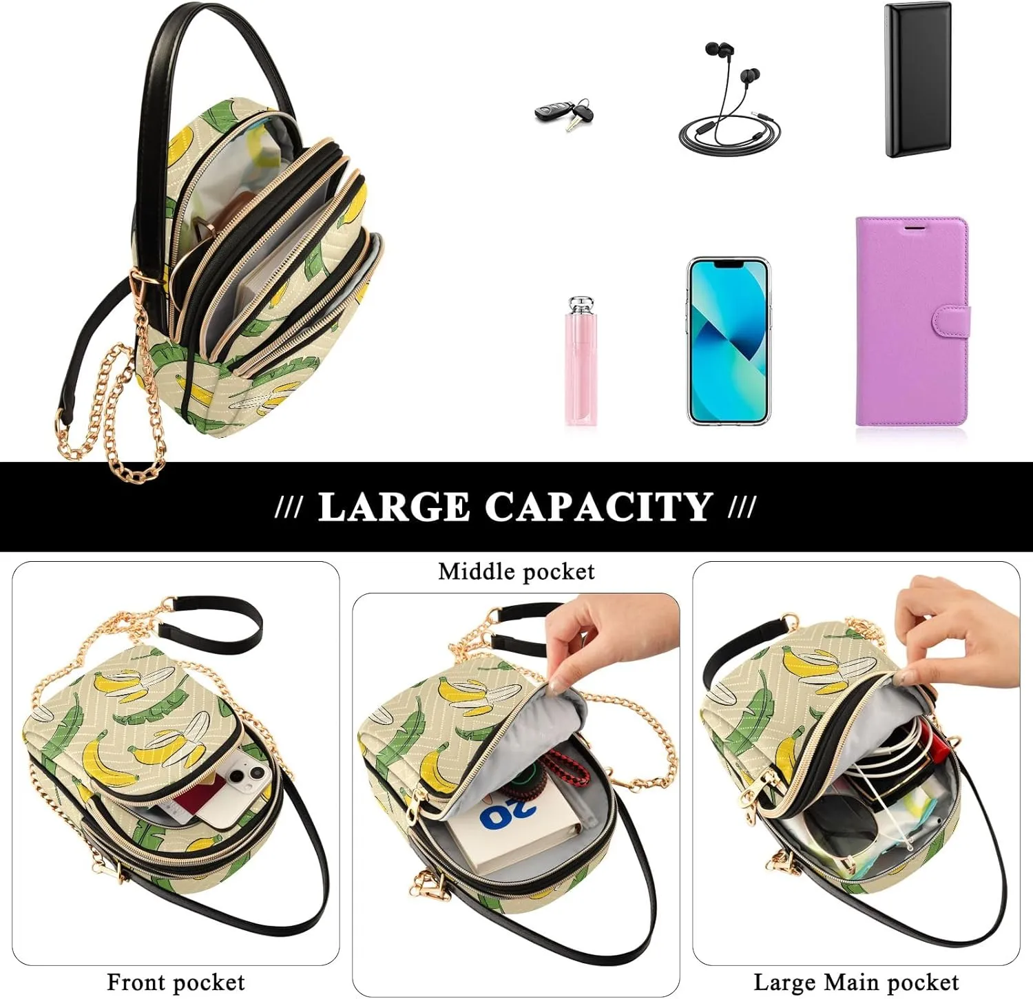 Joisal Cartoon Banana Leaves Travel Crossbody Bags for Women Anti Theft, Womens Handbags Trendy Messenger Bag Crossbody