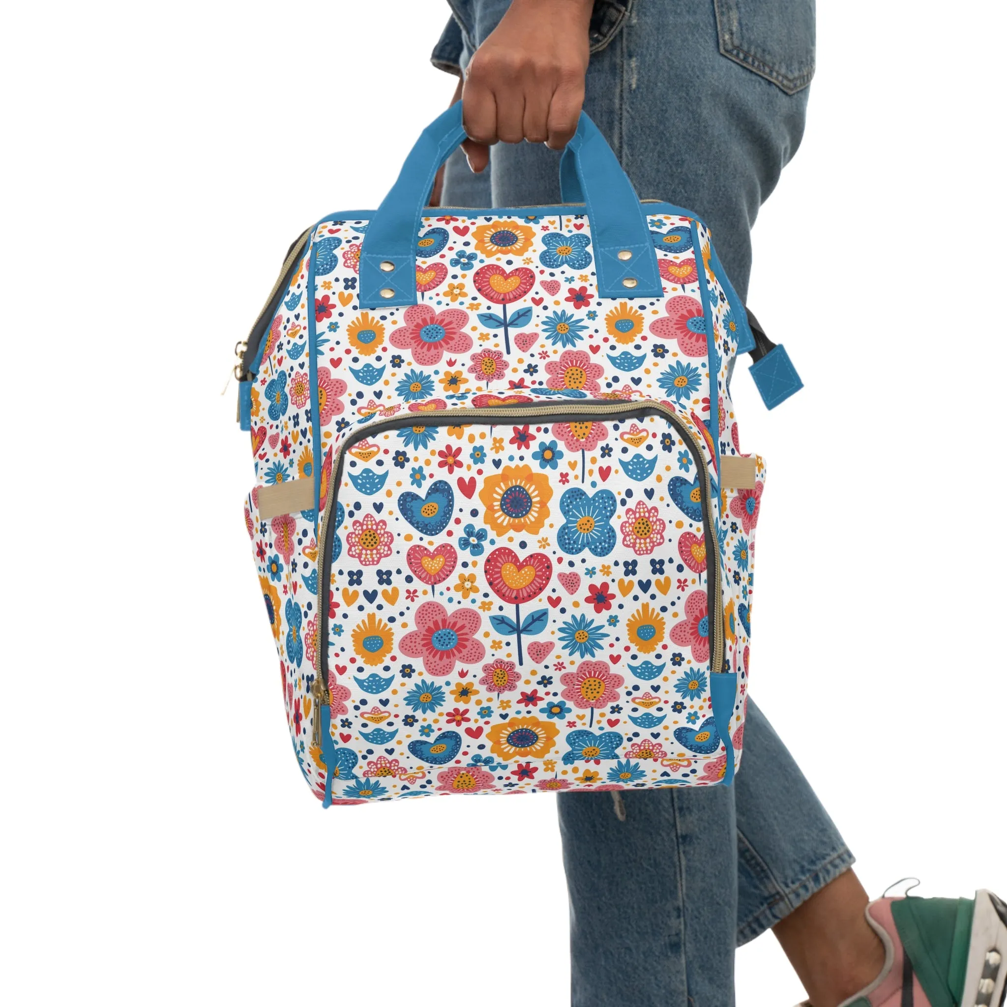 Joyful Blooms: Whimsical Spring Flowers and Hearts in Vibrant Colors with Blue Handle Multifunctional Diaper Backpack