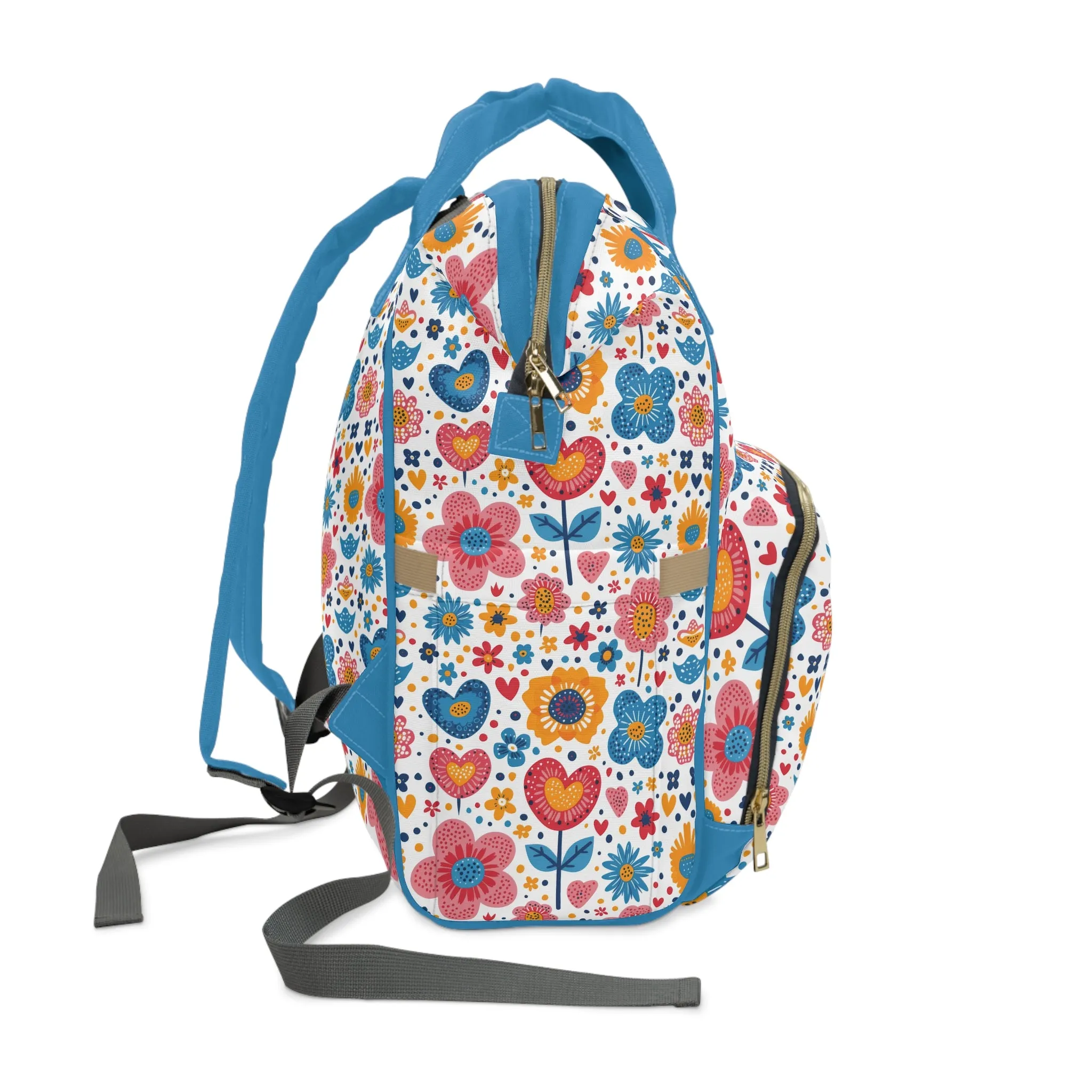Joyful Blooms: Whimsical Spring Flowers and Hearts in Vibrant Colors with Blue Handle Multifunctional Diaper Backpack