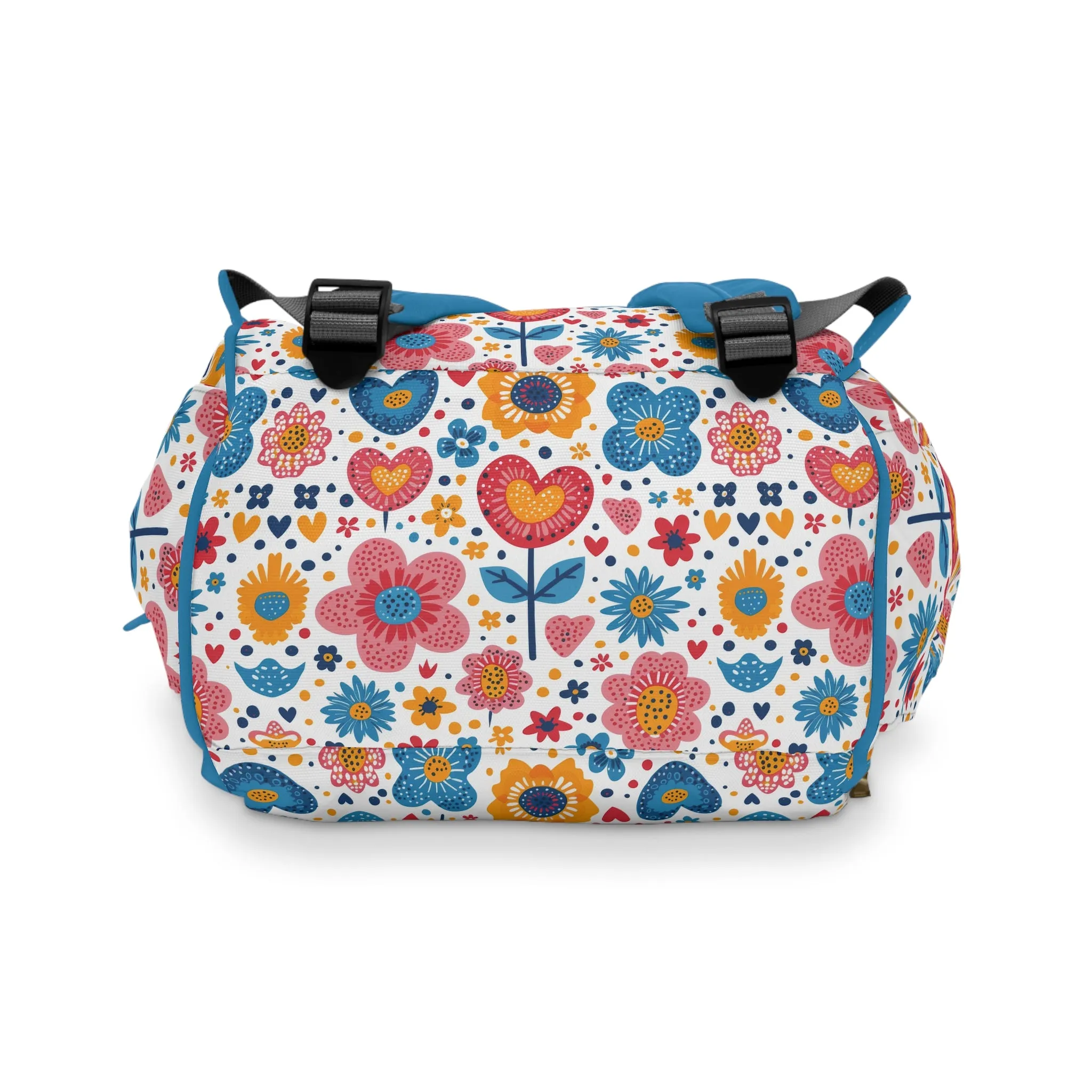 Joyful Blooms: Whimsical Spring Flowers and Hearts in Vibrant Colors with Blue Handle Multifunctional Diaper Backpack