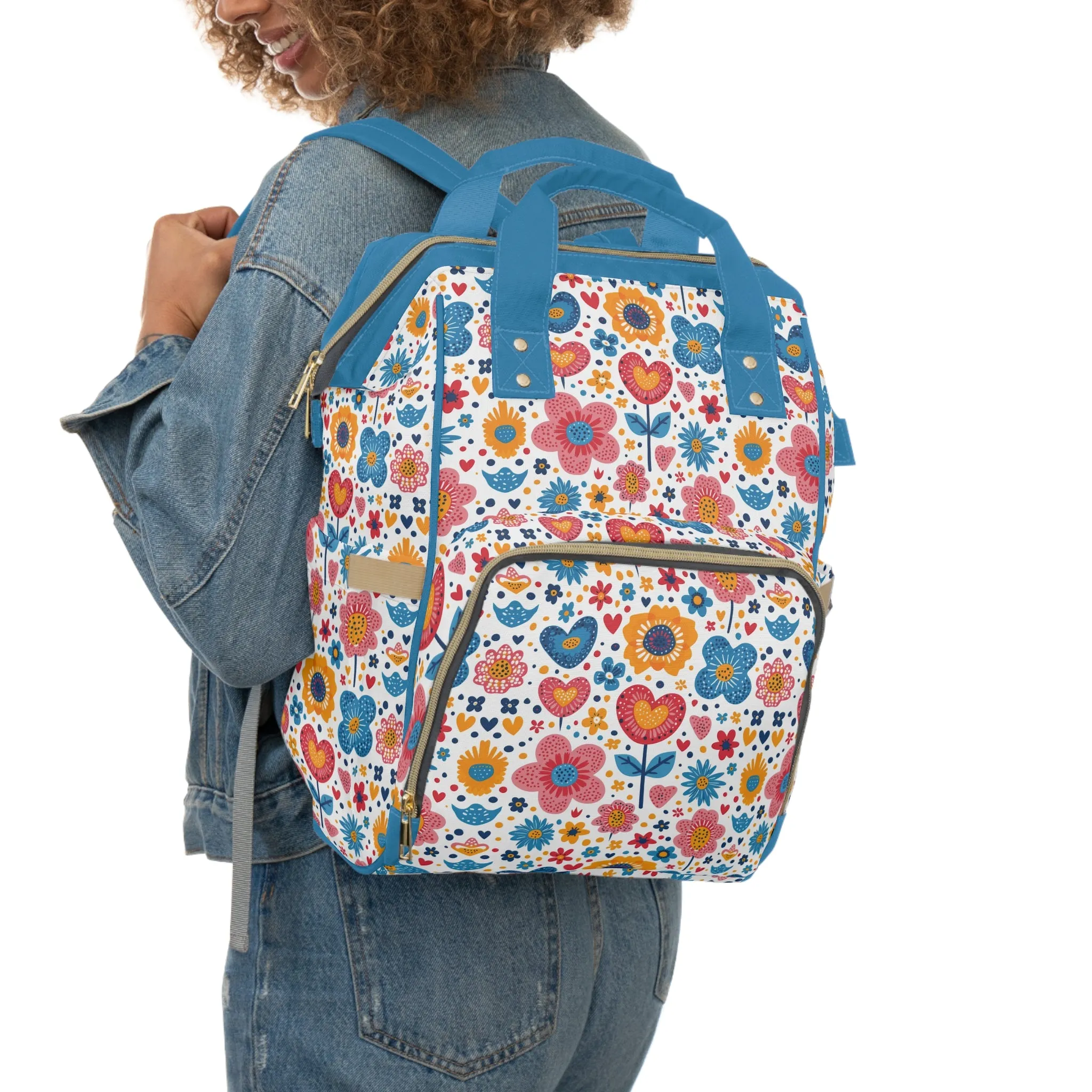 Joyful Blooms: Whimsical Spring Flowers and Hearts in Vibrant Colors with Blue Handle Multifunctional Diaper Backpack