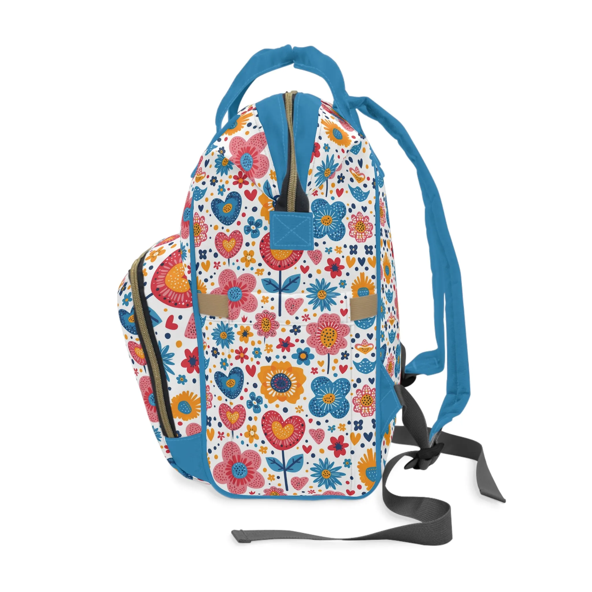 Joyful Blooms: Whimsical Spring Flowers and Hearts in Vibrant Colors with Blue Handle Multifunctional Diaper Backpack