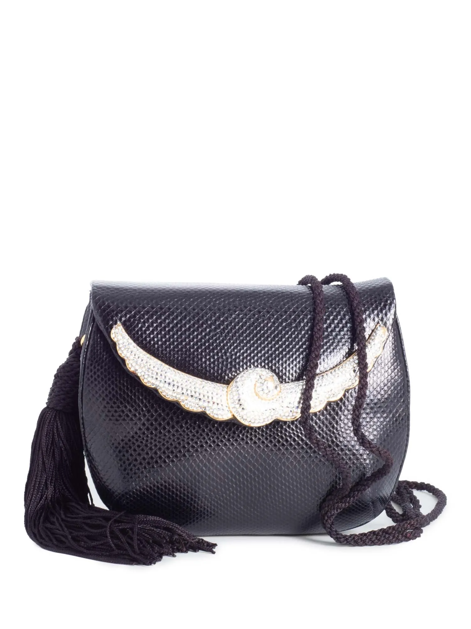 Judith Leiber Python Leather Crystal Tassel Flap Messenger Bag Black