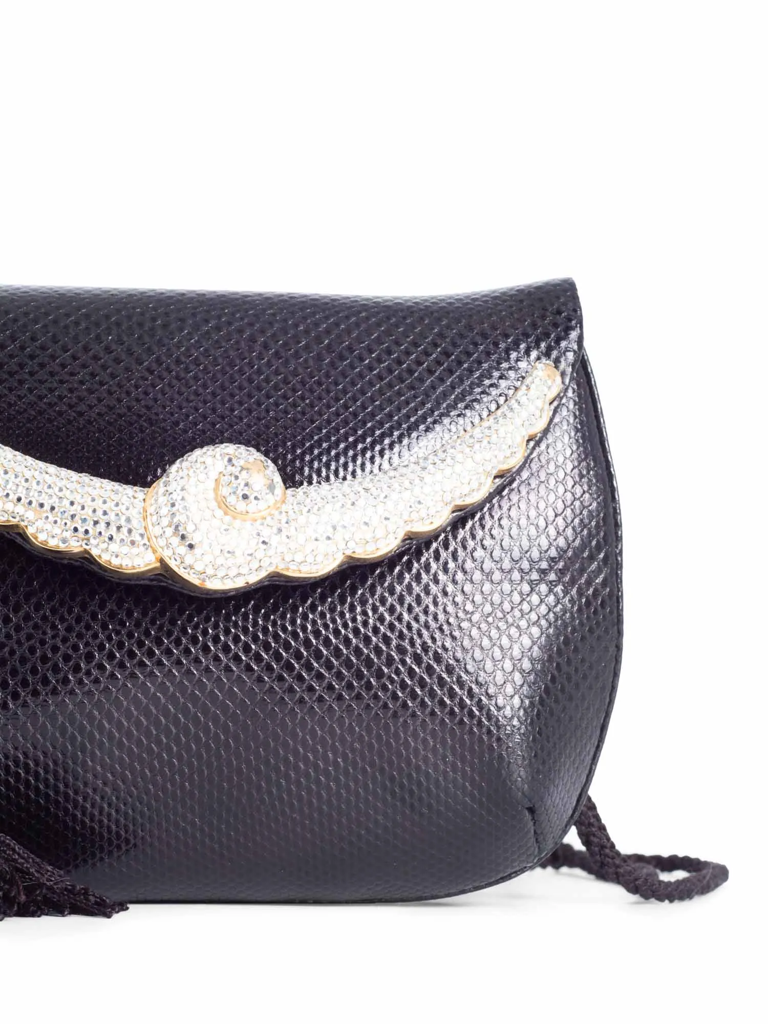 Judith Leiber Python Leather Crystal Tassel Flap Messenger Bag Black
