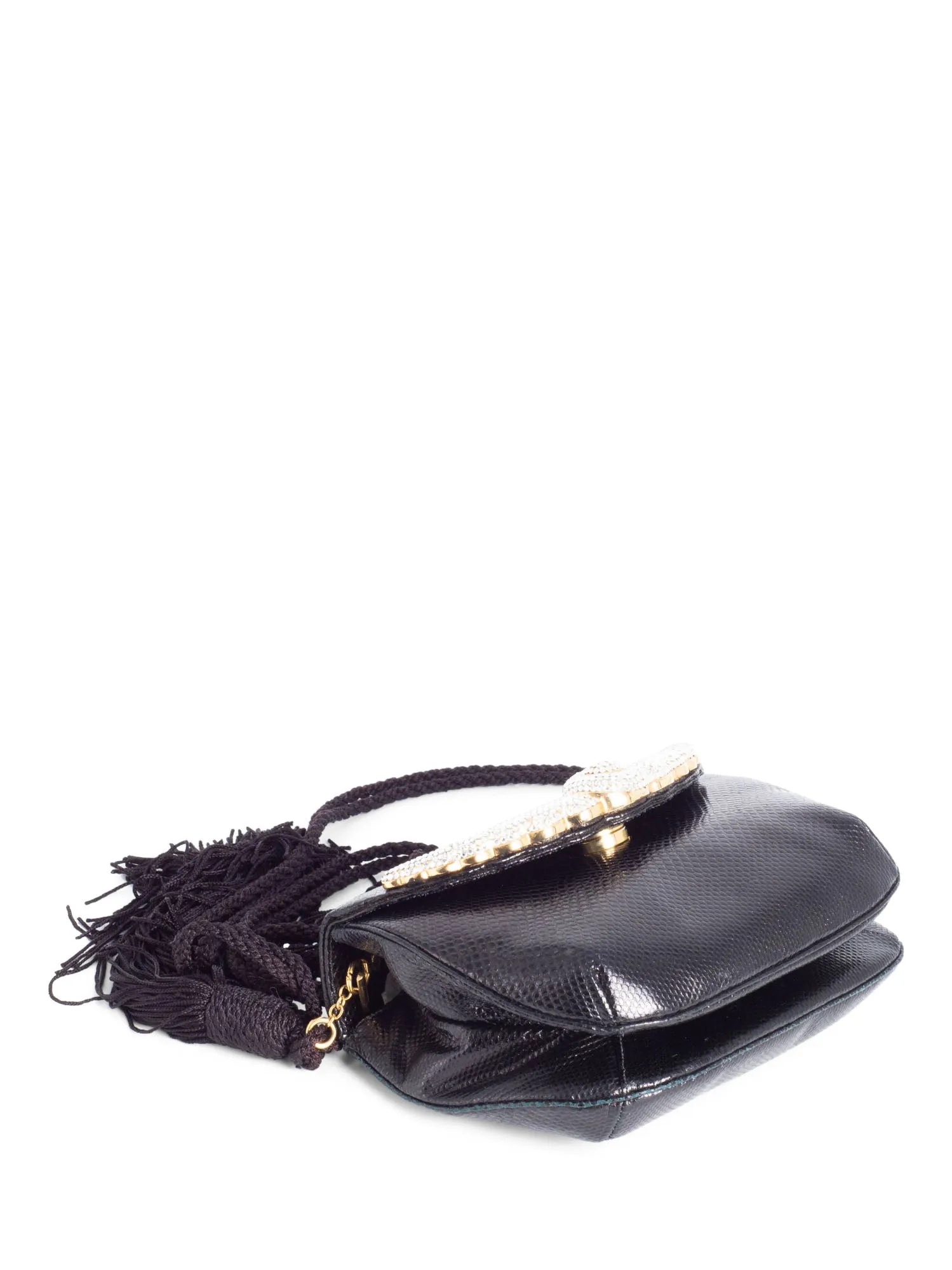 Judith Leiber Python Leather Crystal Tassel Flap Messenger Bag Black