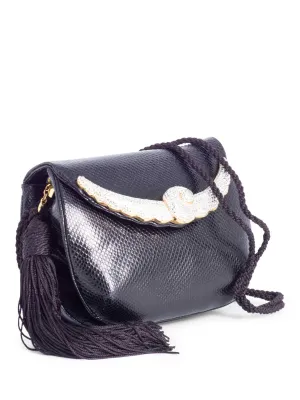 Judith Leiber Python Leather Crystal Tassel Flap Messenger Bag Black