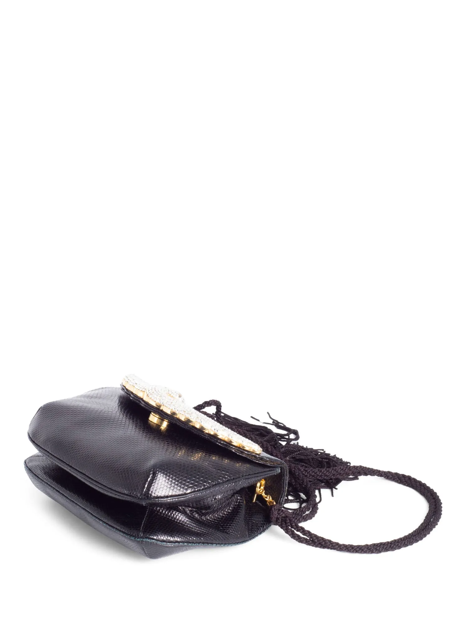 Judith Leiber Python Leather Crystal Tassel Flap Messenger Bag Black