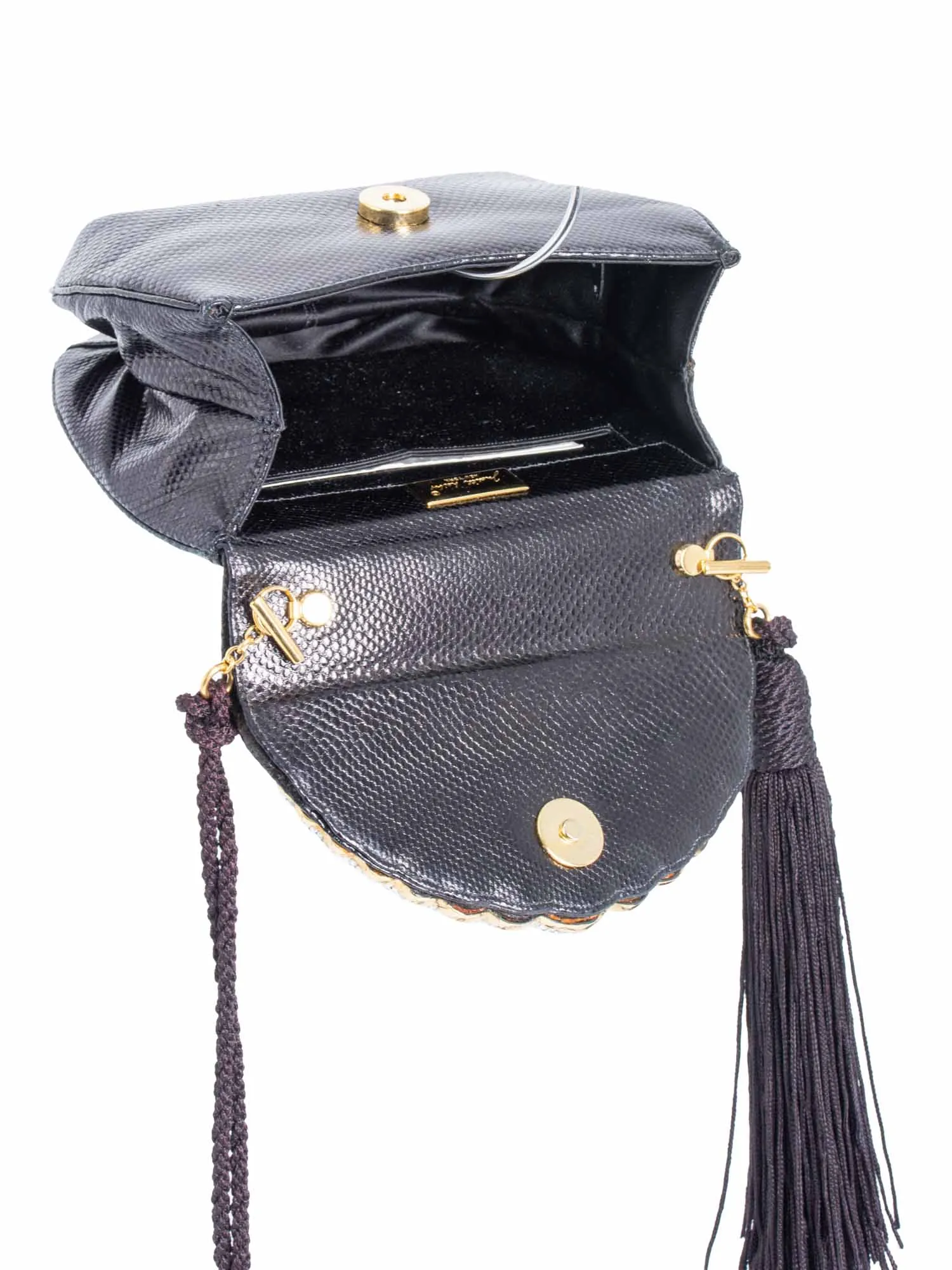 Judith Leiber Python Leather Crystal Tassel Flap Messenger Bag Black