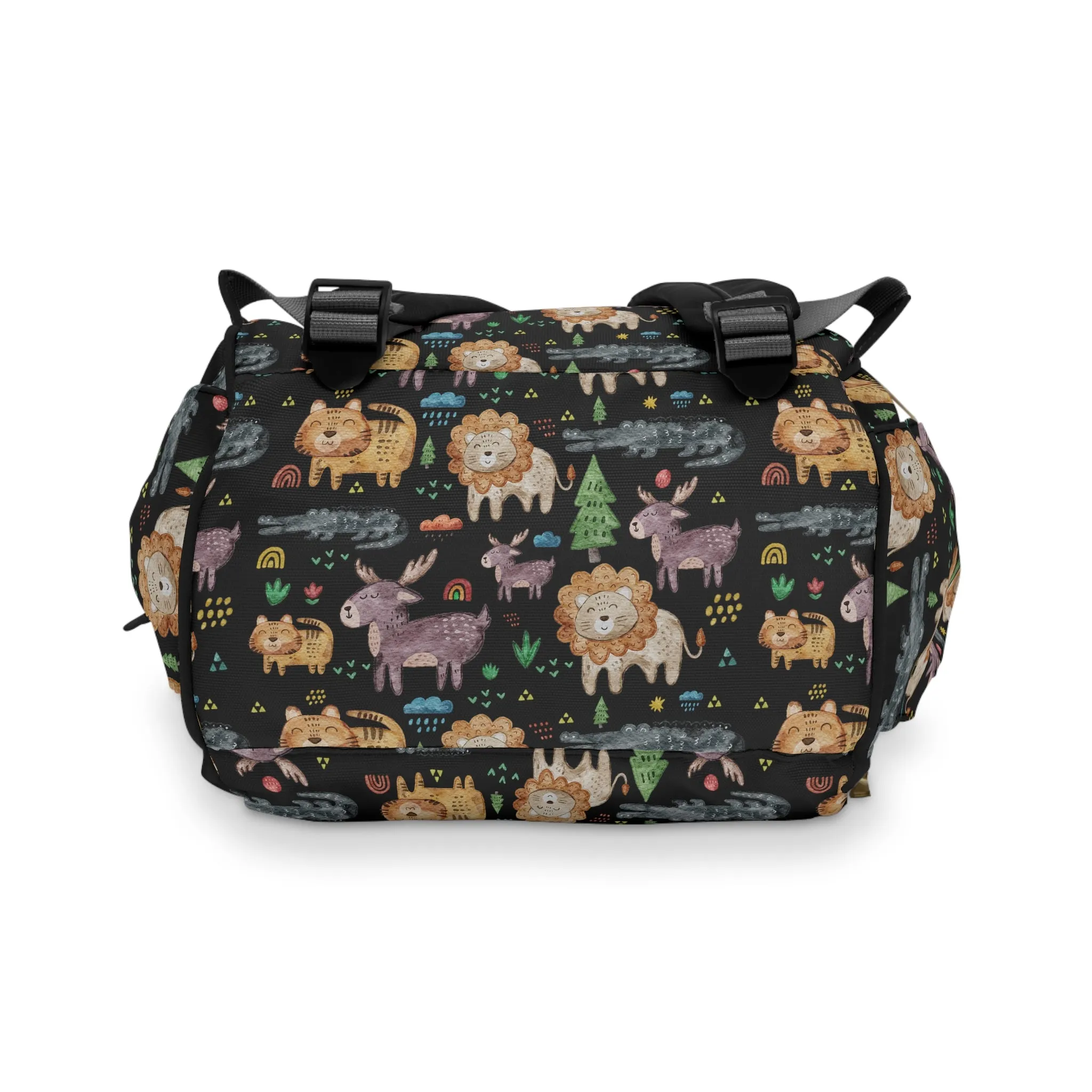 Jungle Jamboree: Kids' Cartoon Lions, Tigers, Alligators, and Reindeer on Black  Multifunctional Diaper Backpack