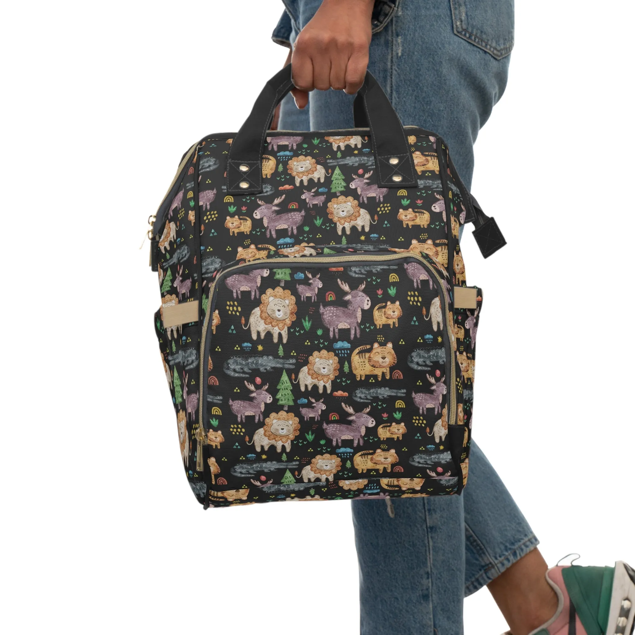Jungle Jamboree: Kids' Cartoon Lions, Tigers, Alligators, and Reindeer on Black  Multifunctional Diaper Backpack
