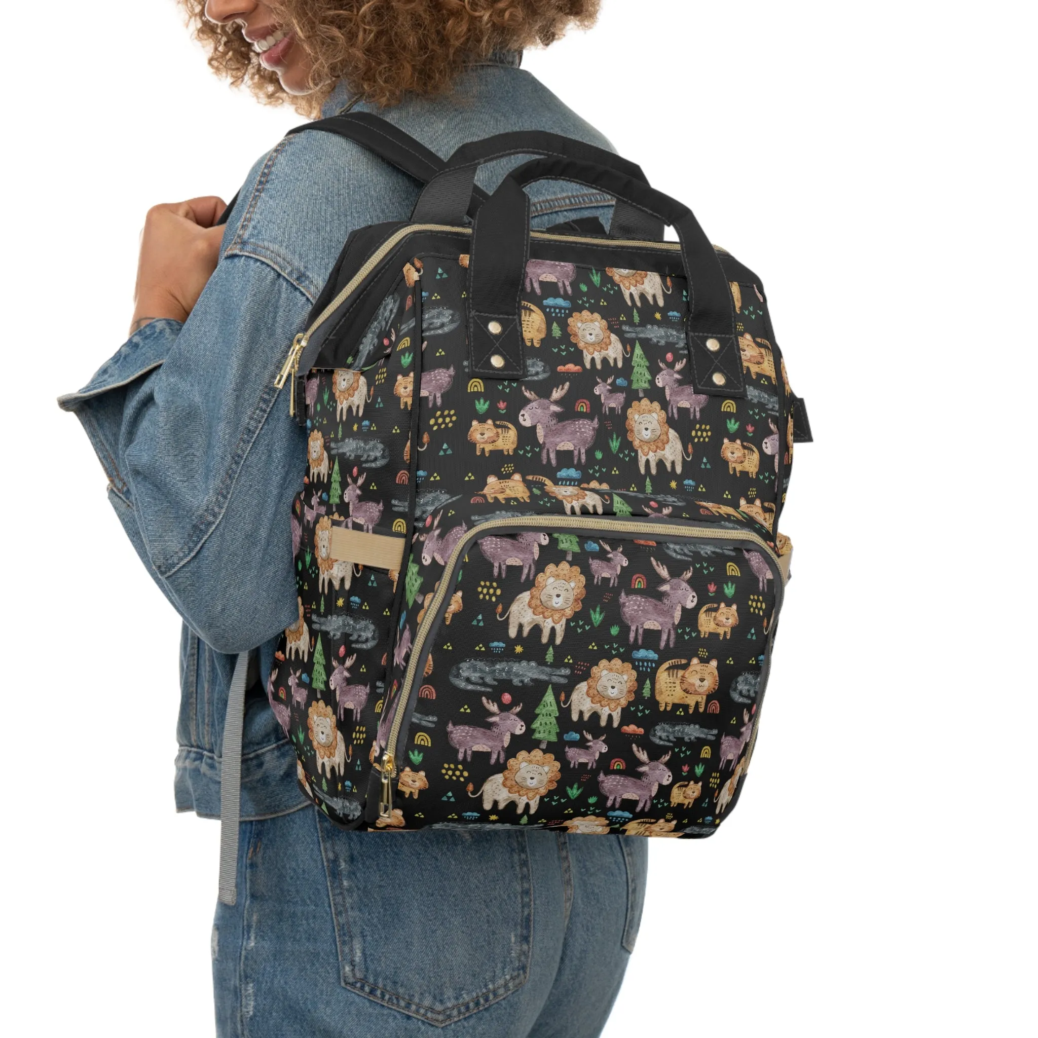 Jungle Jamboree: Kids' Cartoon Lions, Tigers, Alligators, and Reindeer on Black  Multifunctional Diaper Backpack