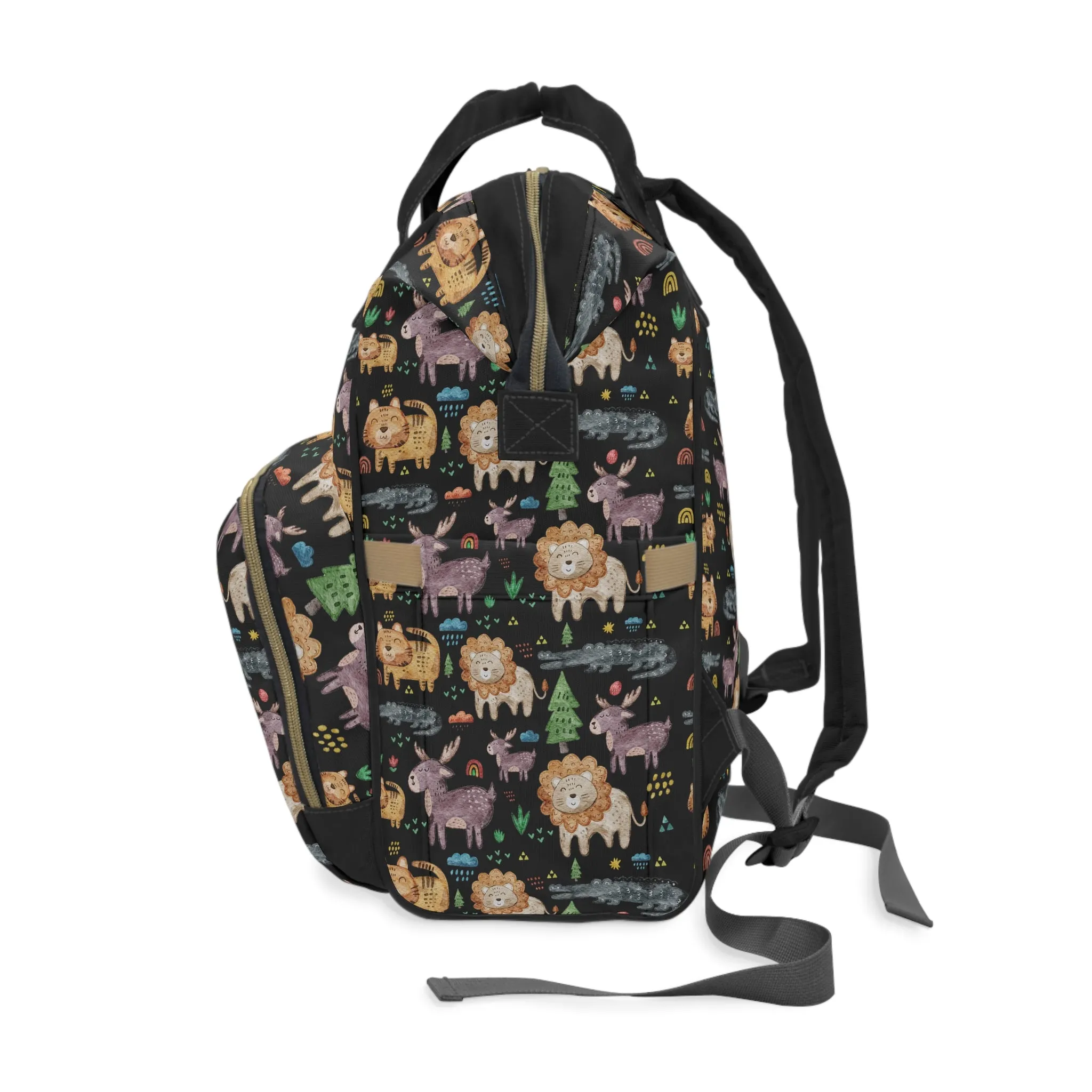 Jungle Jamboree: Kids' Cartoon Lions, Tigers, Alligators, and Reindeer on Black  Multifunctional Diaper Backpack