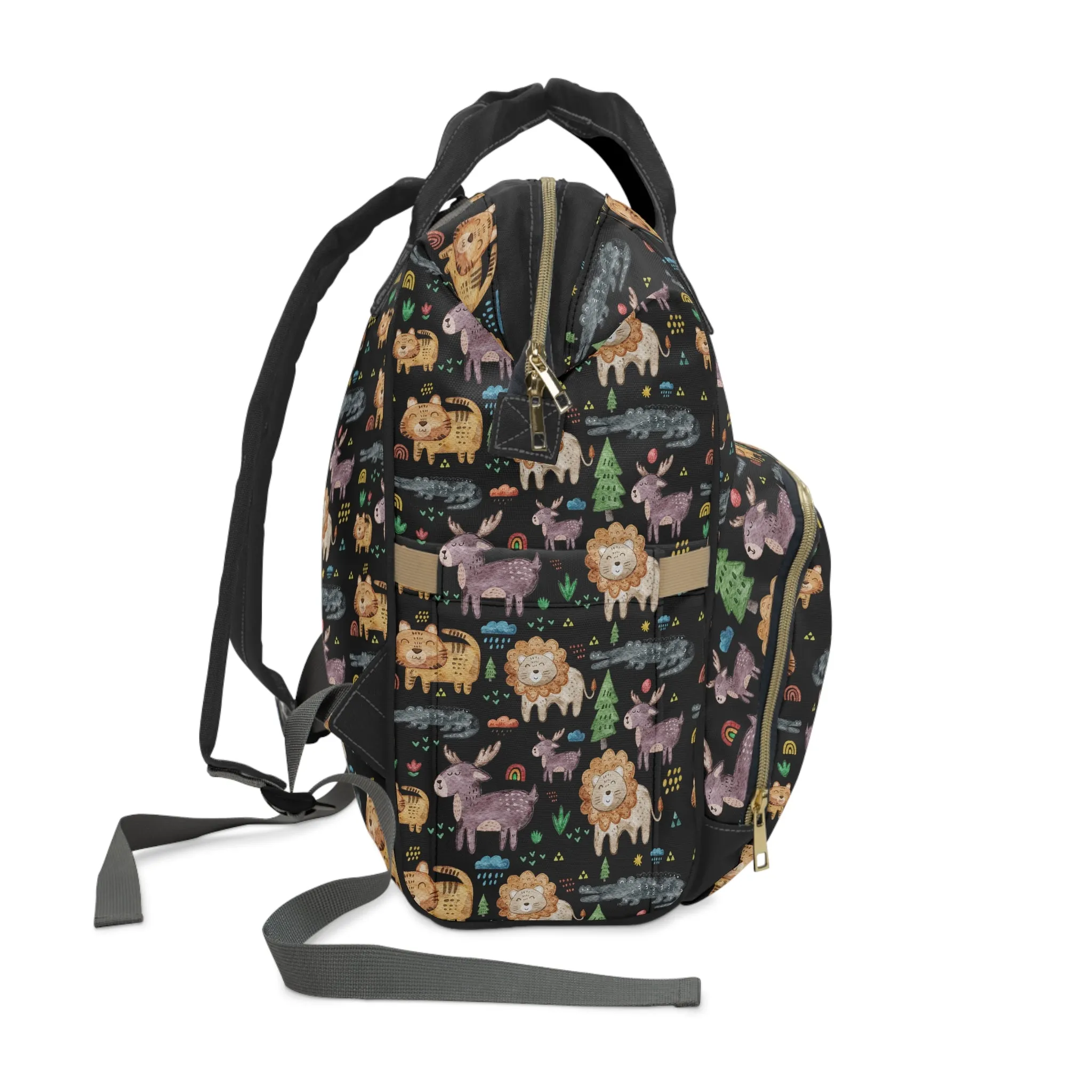 Jungle Jamboree: Kids' Cartoon Lions, Tigers, Alligators, and Reindeer on Black  Multifunctional Diaper Backpack