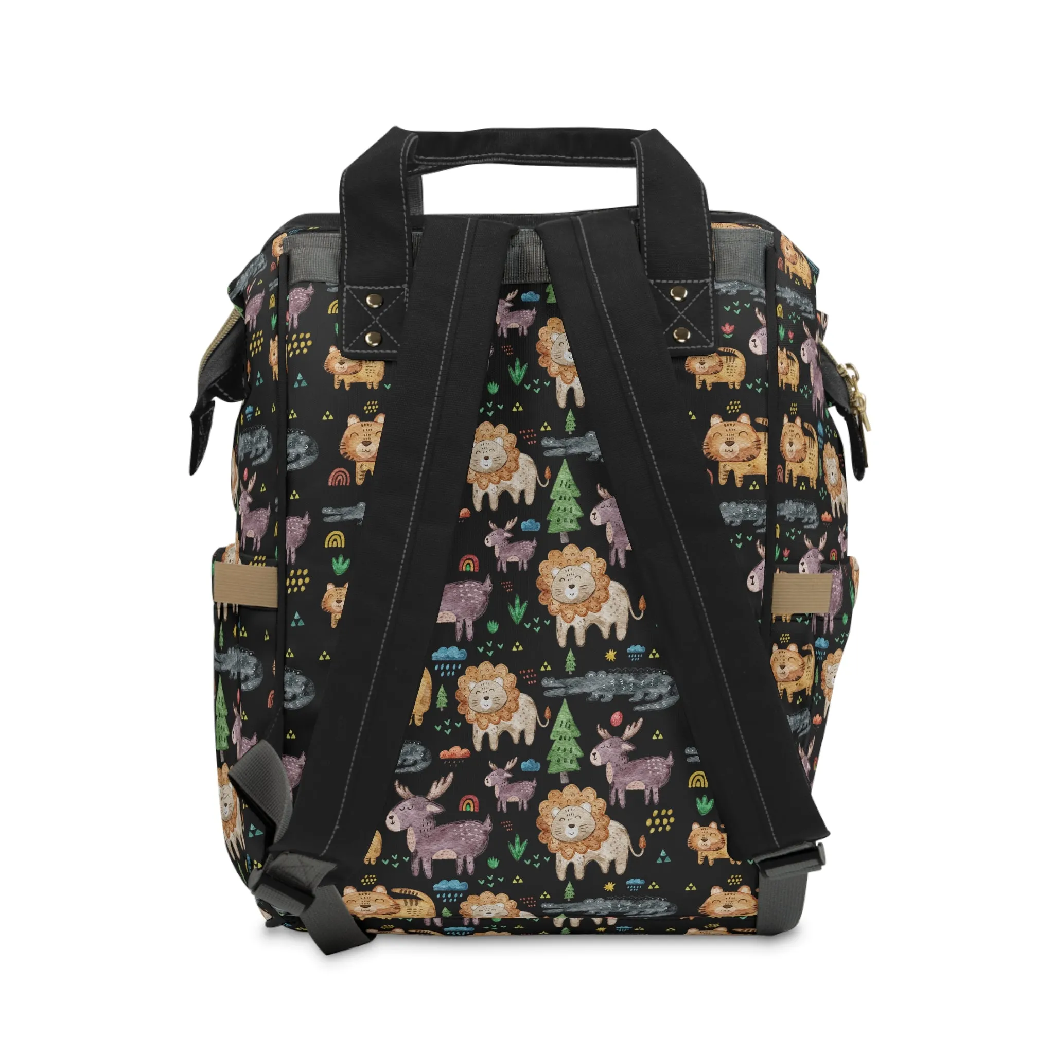 Jungle Jamboree: Kids' Cartoon Lions, Tigers, Alligators, and Reindeer on Black  Multifunctional Diaper Backpack