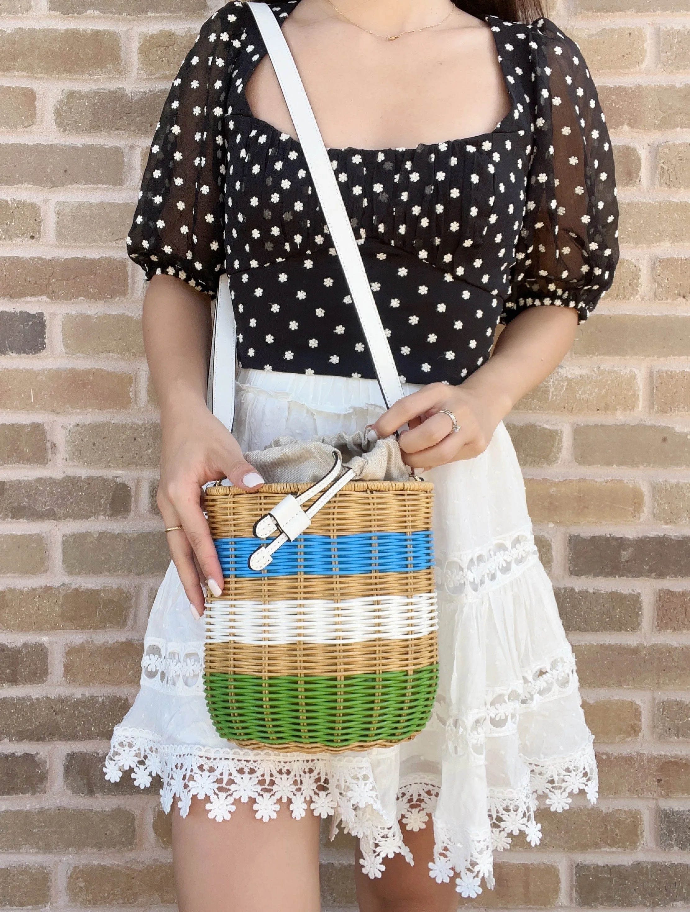 Kate Spade Buoy Wicker Medium Bucket Shoulder Crossbody Drawstring Bag Multi