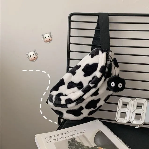 Korean Aesthetic Plush Cow Print Bum Bag