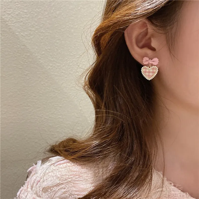 Korean Cute Plaid Pearl Beads Heart Drop Earrings For Women