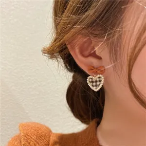Korean Cute Plaid Pearl Beads Heart Drop Earrings For Women
