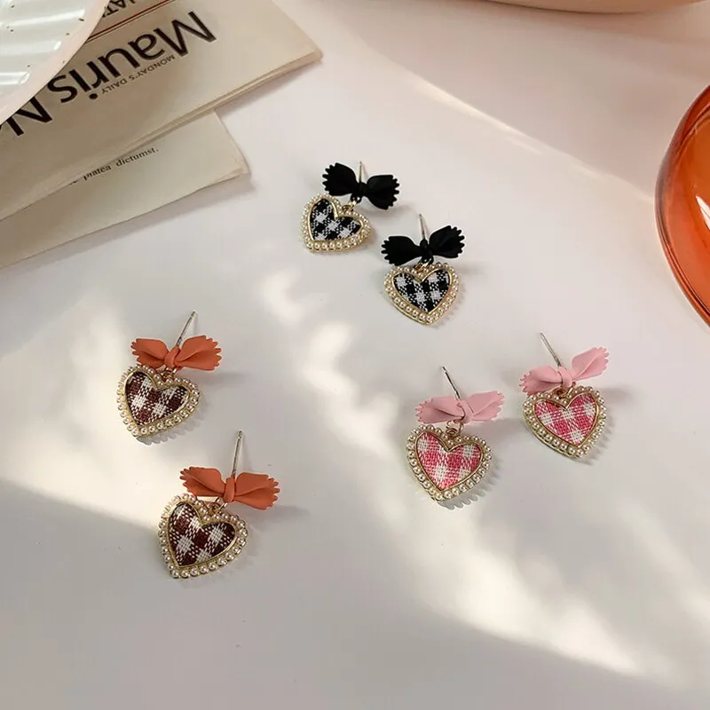 Korean Cute Plaid Pearl Beads Heart Drop Earrings For Women
