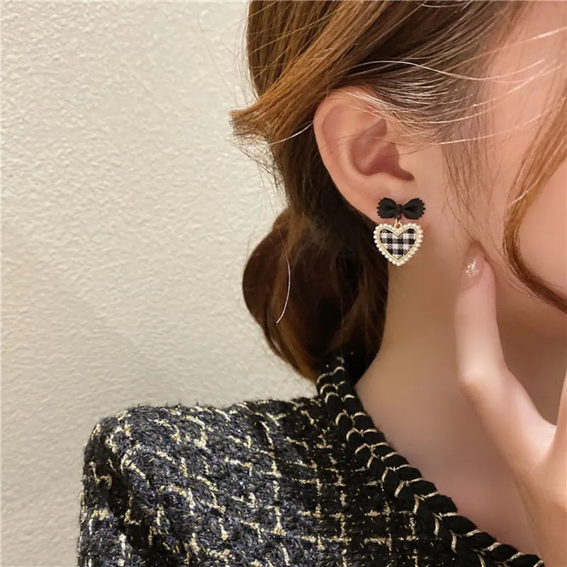 Korean Cute Plaid Pearl Beads Heart Drop Earrings For Women