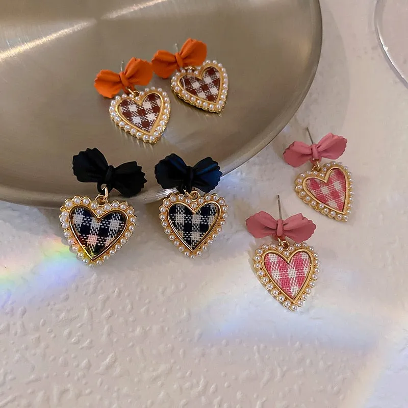 Korean Cute Plaid Pearl Beads Heart Drop Earrings For Women