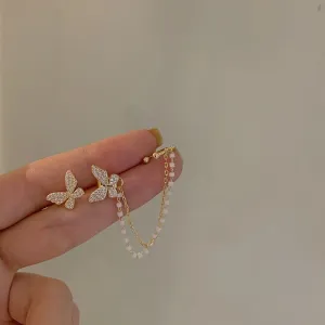 Korean Elegant Cute Rhinestone Butterfly Clip Earrings