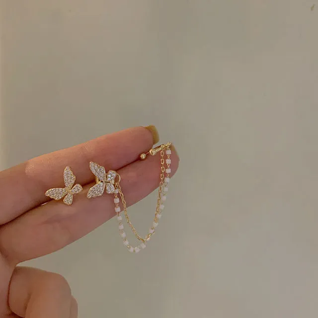 Korean Elegant Cute Rhinestone Butterfly Clip Earrings
