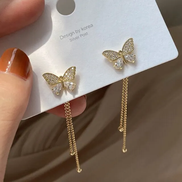 Korean Elegant Cute Rhinestone Butterfly Clip Earrings
