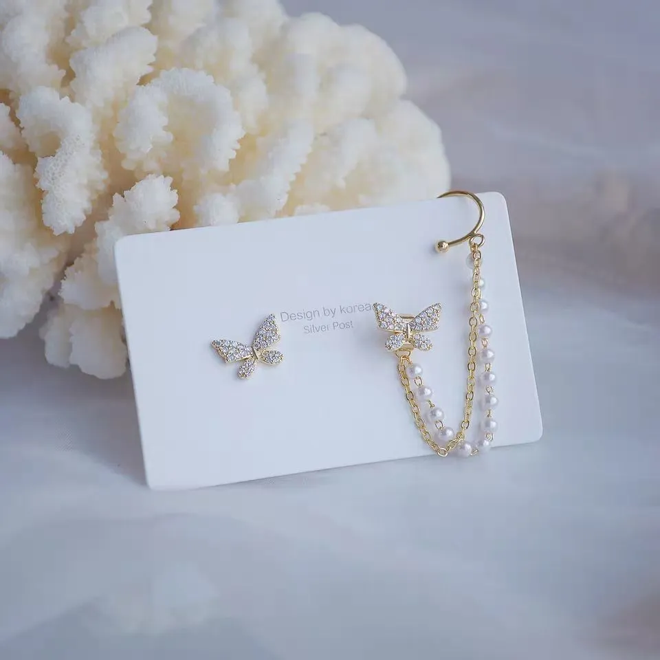 Korean Elegant Cute Rhinestone Butterfly Clip Earrings