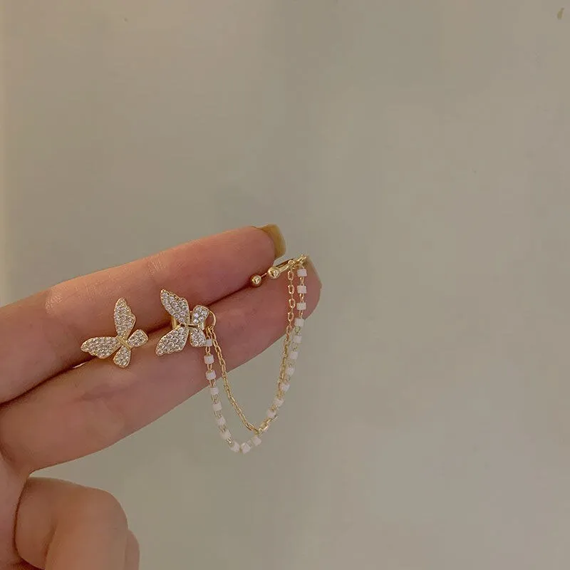 Korean Elegant Cute Rhinestone Butterfly Clip Earrings