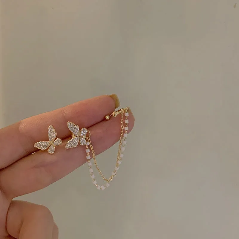 Korean Elegant Cute Rhinestone Butterfly Clip Earrings