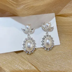 Korean Elegant Love Heart Pearl Dangle Pendientes For Women