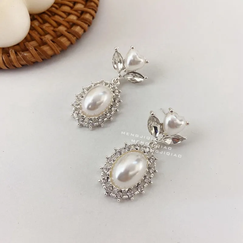 Korean Elegant Love Heart Pearl Dangle Pendientes For Women