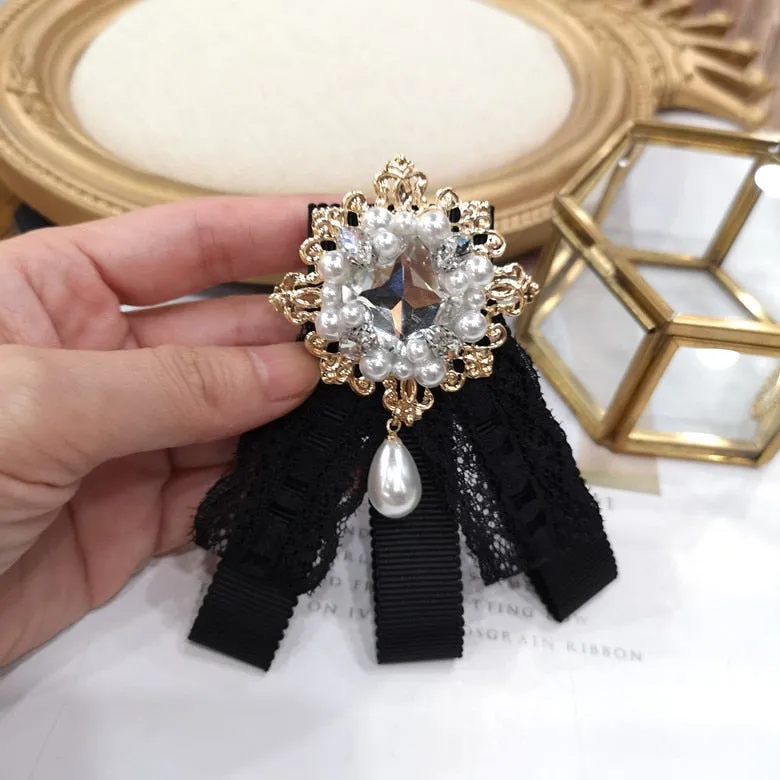 Korean Fabric Bow Tie Brooch Pin Lace Bowknot Cravat Crystal Women