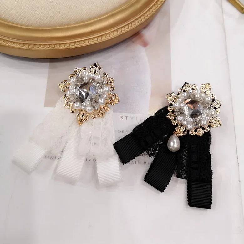 Korean Fabric Bow Tie Brooch Pin Lace Bowknot Cravat Crystal Women