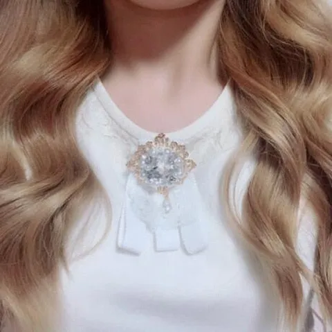 Korean Fabric Bow Tie Brooch Pin Lace Bowknot Cravat Crystal Women