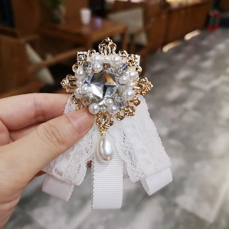 Korean Fabric Bow Tie Brooch Pin Lace Bowknot Cravat Crystal Women