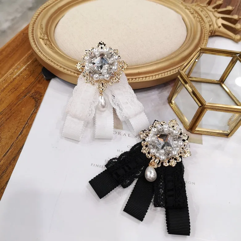 Korean Fabric Bow Tie Brooch Pin Lace Bowknot Cravat Crystal Women