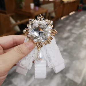 Korean Fabric Bow Tie Brooch Pin Lace Bowknot Cravat Crystal Women