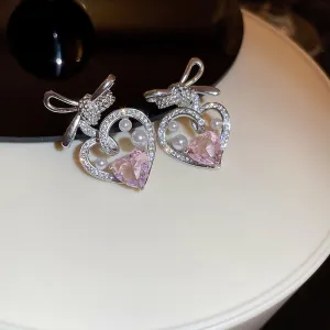 Korean Pearl Pink Zircon Heart Bowknot Drop Earrings For Women