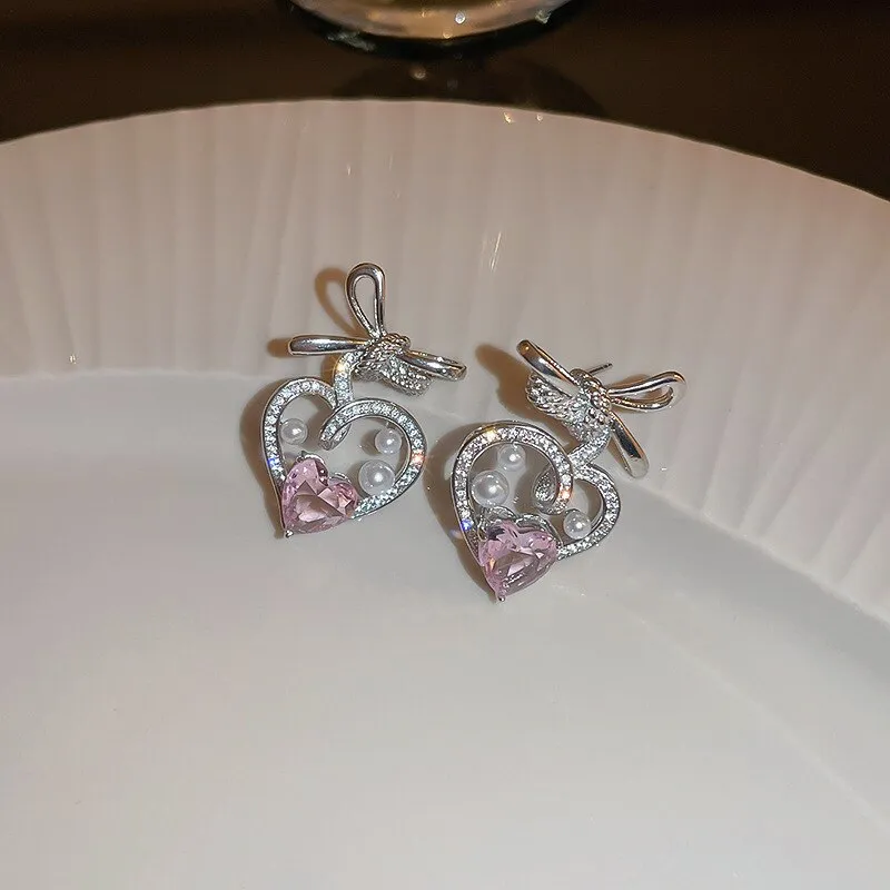 Korean Pearl Pink Zircon Heart Bowknot Drop Earrings For Women