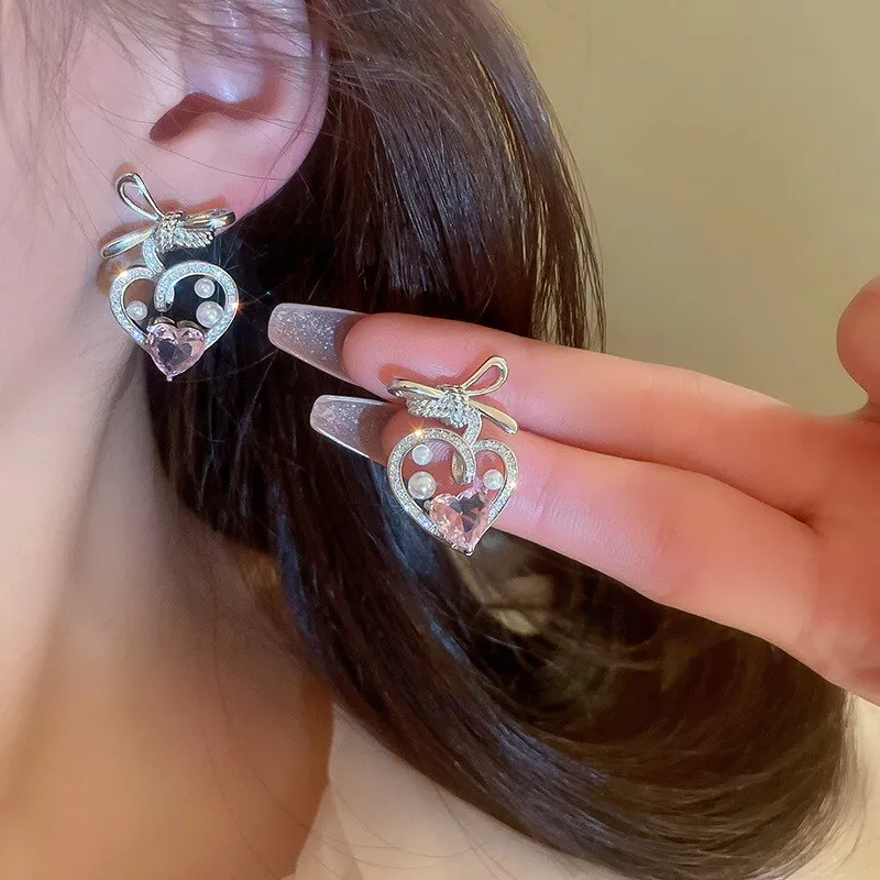 Korean Pearl Pink Zircon Heart Bowknot Drop Earrings For Women