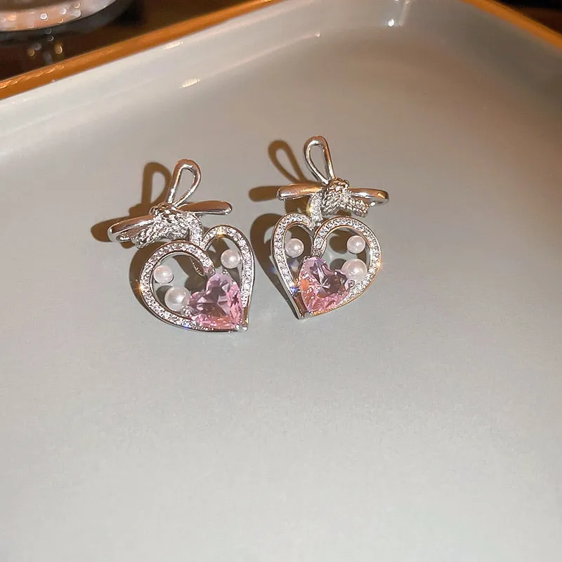 Korean Pearl Pink Zircon Heart Bowknot Drop Earrings For Women