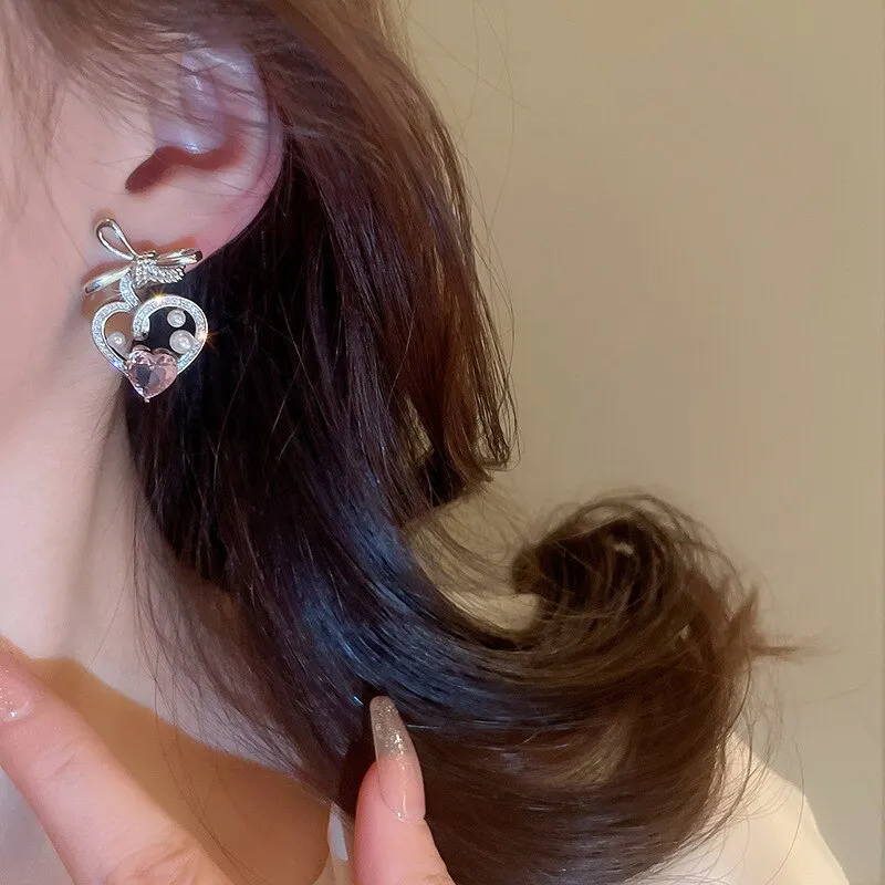 Korean Pearl Pink Zircon Heart Bowknot Drop Earrings For Women