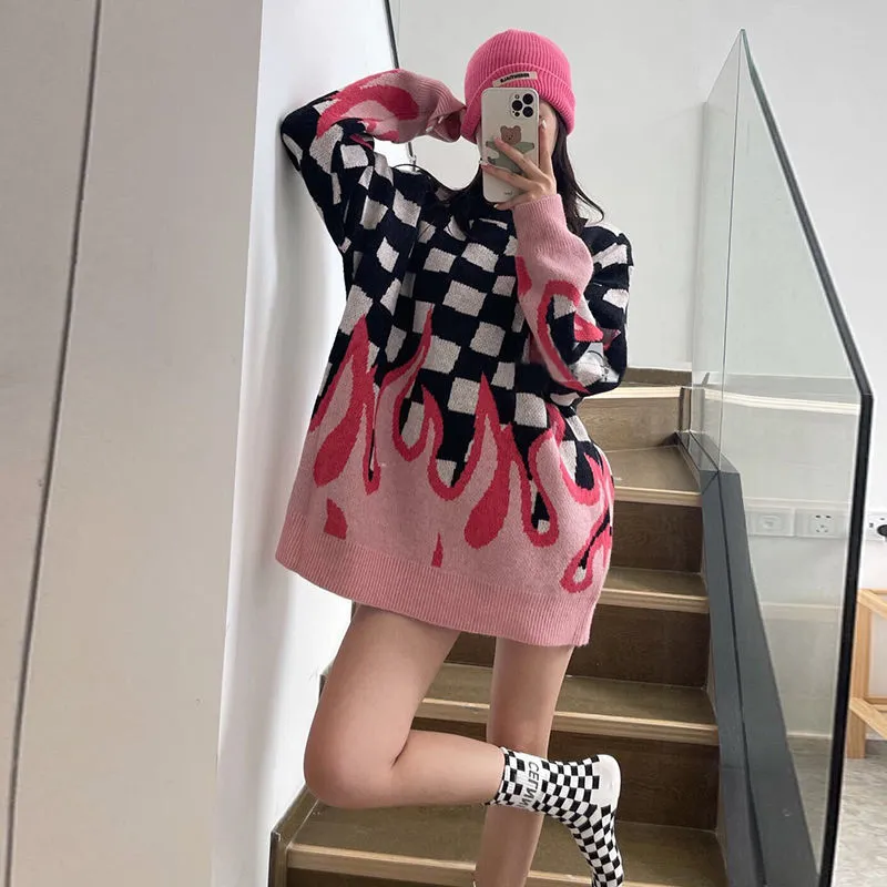 Korean Streetwear Flame Sweater Black Pink