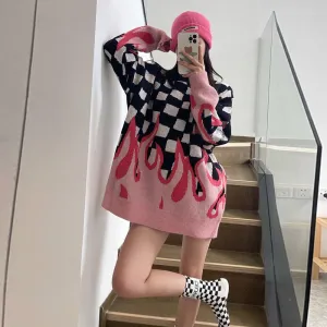 Korean Streetwear Flame Sweater Black Pink